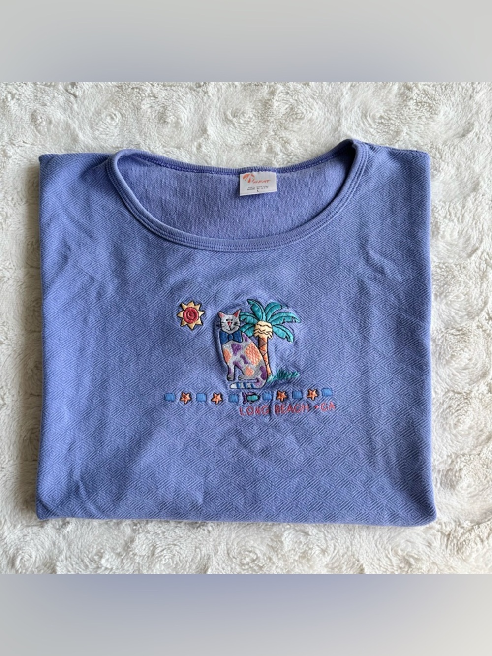 Vintage Long Beach California Shirt Tee Womens Large Blue Purple Cat Palm Tree